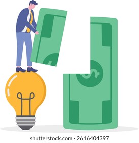 Businessman and ideas make money, jigsaw puzzle, job complete, use the idea to work, business success, profitable new idea, Vector illustration design concept in postcard template

