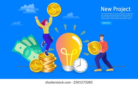 Businessman with ideas and money. Woman pays for a creative idea Decent pay for creative work. Light Bulb ideas and money balance. Value of idea. Business concept. Vector illustration.