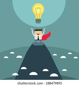 Businessman with ideas standing on mountain peak. Business success concept. Vector illustration