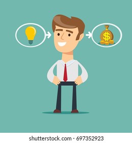 businessman with ideas - stands in front of bulbs elements. cooperate concept.