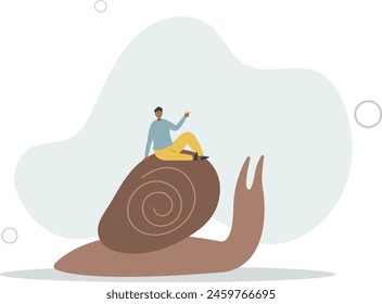 el líder idiota empresario montando caracol lento nunca llega a la meta, perdiendo la competencia de negocios. Ilustración vectorial plana.