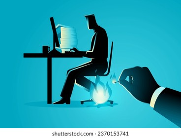 Businessman igniting a fire beneath his employee's chair, represents the business idiom Light A Fire Under Someone, signifying the act of motivating or pushing someone to work harder