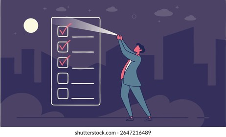 Empresário iluminando uma lista de verificação com uma lanterna, mostrando tarefas concluídas contra uma paisagem urbana noturna. Conceito de gerenciamento de tarefas, planejamento, produtividade e realização de metas.