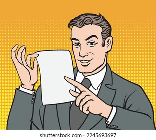 Businessman illustration Point to the white paper in your hand. pop art retro hand drawn style vector design.