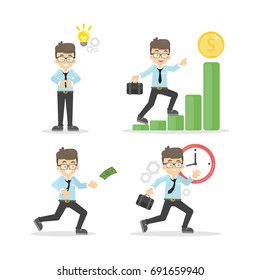 Businessman illustrations set. Isolated funny cartoon character with idea, monye and time on white background.
