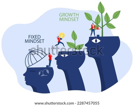 Businessman improve or develop ideas with jumping from move on different fixed mindset to a growth mindset on the head human concept vector illustrator