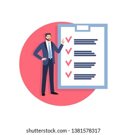 businessman indicates a list of completed cases. business success, the concept is something. Illustration of a faceless man in a business suit pointing to a list