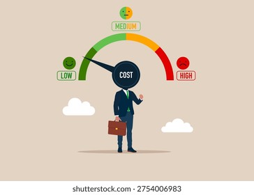 Businessman with indicator instead of a head on shoulders. Level control и business cost optimization,  efficiency and quality. Good or evil businessman