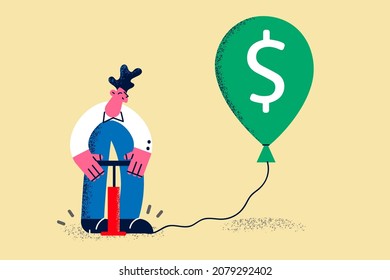 Businessman inflate balloon with dollar sign. Male employee increase income and salary. Stock market financial crisis. Business finance problem. Money inflation concept. Flat vector illustration. 