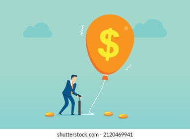 Businessman Inflating Up A Balloon, Pumping Air Unto Worn Out Dollar, Inflation Of The Money Bubble, Uncontrolled Emission Of Money, Vector Illustration Design Concept In Flat Style