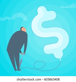 Businessman inflating the dollar balloon with hand pump. Success business and finance flat concept illustration. Man makes money. Financial, progress, achievement and  marketing vector design element.
