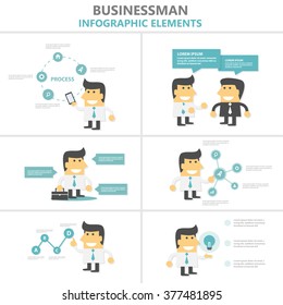 Businessman Infographic elements flat design set, man talking with each other, man with suit case, light bulb, graph, smartphone