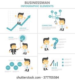 Businessman Infographic elements flat design set, man with smartphone, light bulb, stock graph, question mark