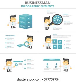 Businessman Infographic elements flat design vector set for marketing advertising, buinessman cartoon with magnifier, key to success, webpage, infographic box