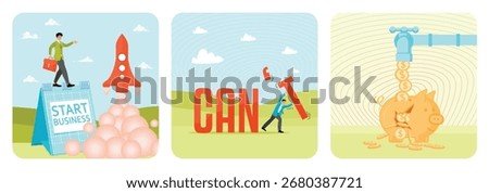 Businessman initiating a new venture, emphasizing growth and innovation.  A determined Man transforms the word can’t into can. A piggy bank receiving coins from a faucet, symbolizing overspending.