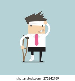 Businessman injured standing with crutches and showing cast on a broken leg for health insurance or rehabilitation concept design