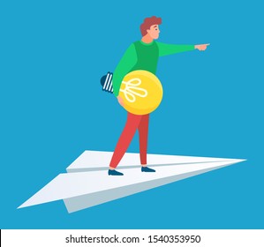 Businessman with innovative idea vector, isolated male with lightbulb in hands flat style character. Person standing on paper plane moving forward