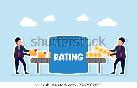 Businessman inserting email into rating machine and another businessman receiving star rating board illustration of customer feedback analysis result