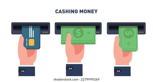 Businessman inserts a credit card or money into ATM and takes the money from the ATM. cashing in of money of the ATM