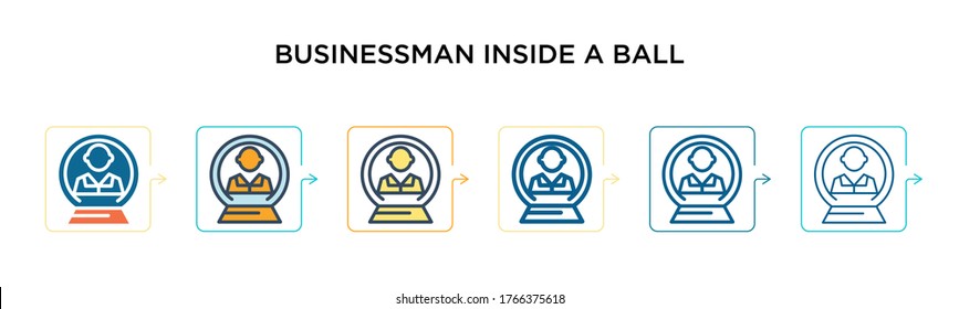 Businessman inside a ball vector icon in 6 different modern styles. Black, two colored businessman inside a ball icons designed in filled, outline, line and stroke style. Vector illustration can be 