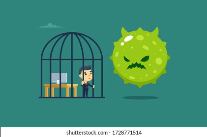 A Businessman Inside The Bird Cage With A Giant Virus Outside. Isolated Vector Illustration