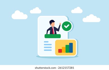A businessman is inside a check-marked paper and a chart, illustration of company qualification standardization and validation