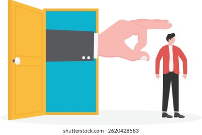 O empresário dentro da porta empurra o empresário para fora da porta, local de trabalho ou competição de trabalho,
