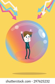 Businessman inside the economic bubble. Financial Crisis Concept. flat design elements. vector illustration