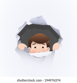 Businessman inside hole paper over white background