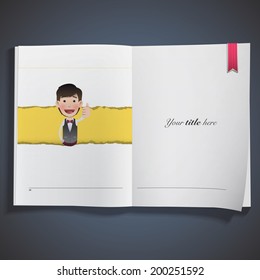 Businessman inside hole paper printed on book