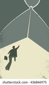 Businessman inside the hourglass. Man is trying to stop the time. Time management concept illustration. EPS10 file. Transparency used.
