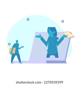 businessman from inside a laptop, giving directions to his client. Online customer service concept.
