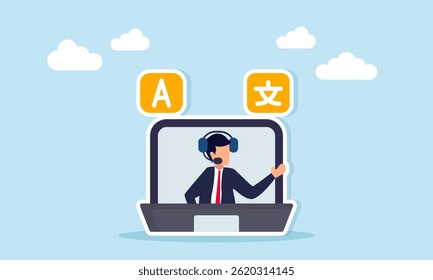 Businessman inside a laptop wear headphones share information about a chat dialog marked with Chinese and alphabet symbols, illustration of a digital and online language translator