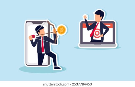 A businessman inside a phone aiming a dollar coin arrow at another businessman inside a laptop, illustration of targeting dollar investments with specific valuation