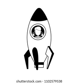 Businessman inside rocket in black and white