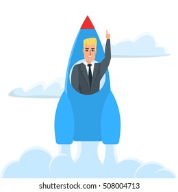 businessman inside the rocket on launch of space. Startup Business cartoon concept. Vector illustration isolated on white background in flat style.