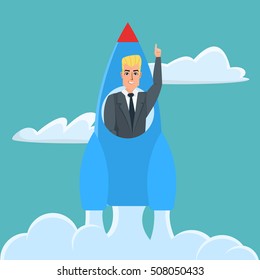 businessman inside the rocket on launch of space. Startup Business cartoon concept. Vector creative color illustrations flat design in flat modern style.