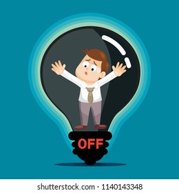 Businessman inside turned off light bulb, illustration vector cartoon