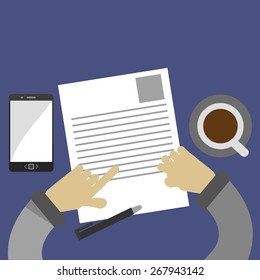 Businessman inspects the printed document. Abstract Business is very careful to check the fine print of his business contract or documents