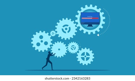 Businessman integrates cogs to download. Driving work to progress