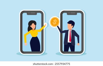 A businessman intends to give a dollar coin to a businesswoman, each inside a smartphone, illustration of sharing business profit conducted online and in real-time