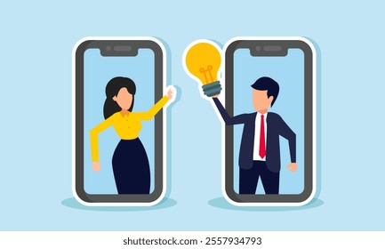 A businessman intends to give a lamp to a businesswoman, each inside a smartphone, illustration of sharing ideas through an online meeting