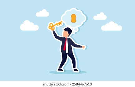 Businessman intends to insert a key into a keyhole in his imagination, illustration of the key or solution to business problems