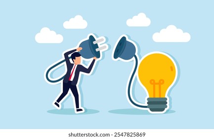 A businessman intends to plug in a power cable connecting to a lamp, illustration of the need for a supply of ideas and innovation for business growth and development  