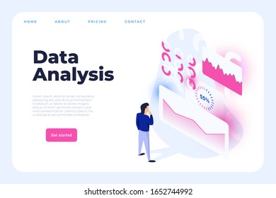 businessman interact graphs. Isometric man analyze the statistic graphs, interacting with graphs, statistic charts, diagram. Business workflow management