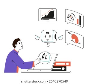 Homem de negócios interagindo com inteligência artificial para análise de negócios e geração de relatórios ilustração de conceito de vetor linear isolado em branco. 