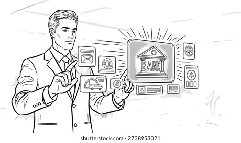A businessman interacts with a digital interface showcasing various icons and a prominent house symbol in a modern setting from a frontal viewpoint