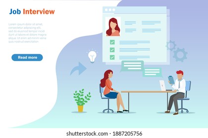 Businessman interview young woman for Job vacancy position. Idea for job hiring and recruitment concept. Vector Illustration.