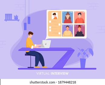 Businessman Interviewing Virtual A Job Candidate From Laptop At Desk On Purple Background For Maintaining Social Distance.