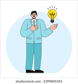 Businessman introducing an idea, holding a lightbulb in his hand. Vector illustration.